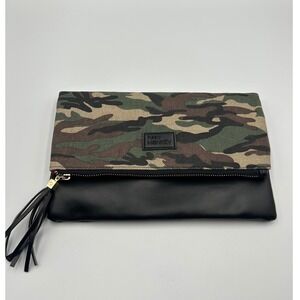 Funky Monkey Camo Canvas Black Vegan Leather Foldover Tassel Clutch Bag‎